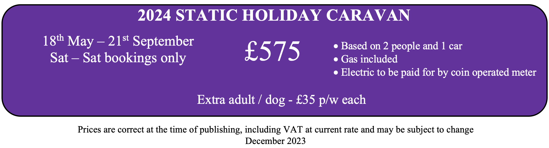 Static Holiday Caravan Tariff